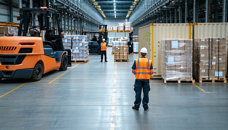 A team overseeing logistics operations with containers and products ready for shipment. A team overseeing logistics operations with containers and products ready for shipment.